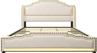 Urban Meuble Cama king tapizada en beige con iluminaci&oacute;n led y subt&iacute;tulos royal