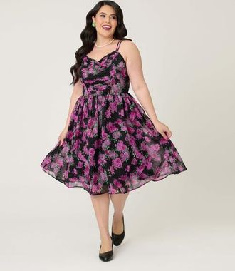 Unique Vintage Plus Size Reed Swing Dress in Black & Purple Floral at Nordstrom, Size 4X