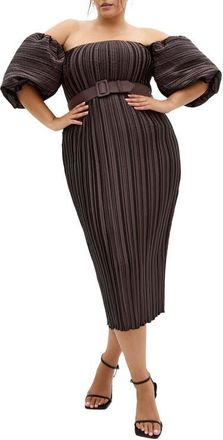 City Chic Krista Off the Shoulder Midi Dress in Chocolate at Nordstrom, Size Xxxs