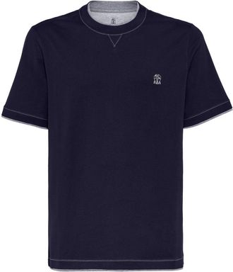 Brunello Cucinelli logo-embroidered contrast-trim T-shirt - men - Cotton - 3XL - Blue
