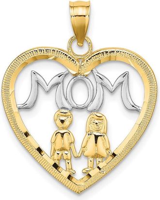 Diamond2Deal 14k Yellow Gold with White Rhodium MOM Heart with 2 Kids Charm Pendant