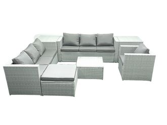 Fimous Wicker PE Rattan Sofa Garden Furniture Set with Armchair Square Coffee Table Big Footstool 2 Side Tables Light Grey Mixed