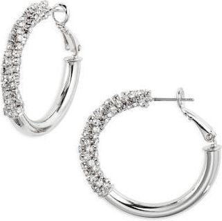 Nordstrom Polished Rhinestone Tube Hoop Earrings in Clear- Silver at Nordstrom Rack