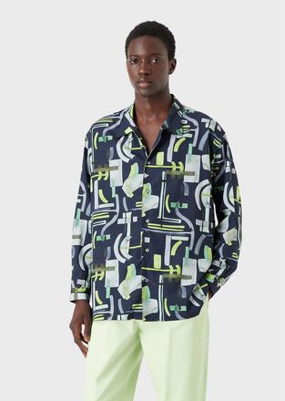 Emporio Armani Mens Abstract Print Long Sleeve Shirt in Navy - Size X-Small