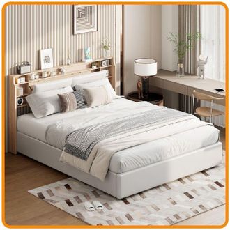 OEM Cama Doble 160x200 Cm Con Compartimentos De Almacenamiento, Cuero Pu Blanco Y Estante De Madera - Cama Con Ba&uacute;l De Dise&ntilde;o Minimalista