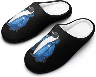 Generic Penguins in Blue Jacket Funny Mens Slippers Cotton Warm House Shoes Memory Foam Sandals Print Size 7-14