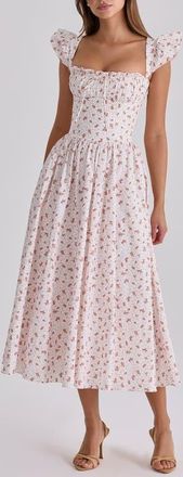 House of CB Livia Ditsy Floral Print Stretch Cotton Midi Dress in White Ditsy at Nordstrom, Size X-Small