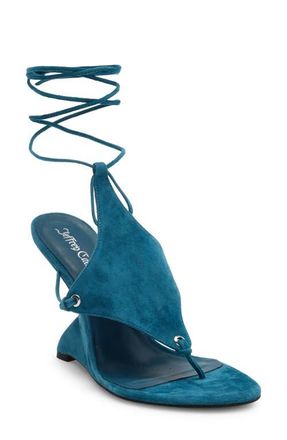 Jeffrey Campbell Pachouli Ankle Wrap Wedge Sandal in Dusty Turquoise Suede at Nordstrom, Size 8.5