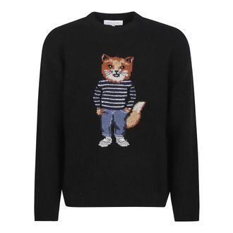 Maison Kitsuné Round-neck Knitwear, male, Black, Size: XL Dressed Fox Intarsia Wool Jumper
