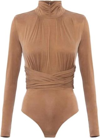 Elisabetta Franchi Tops, Dames, Bruin, XL, Cupro Jersey Bodysuit met Gekruiste Linten