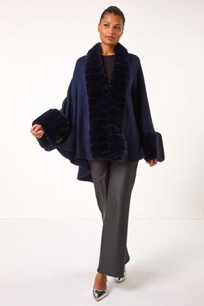 Roman Faux Fur Trim Knitted Poncho