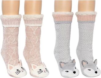 Jane & Bleecker Jane and Bleecker Womens Critter Sock Slippers 2-Pack Plushfill Lined Knit Non-Skid Fluffy Cosy Thick Gripper (Cat and Wolf, UK Footwear Size System, 