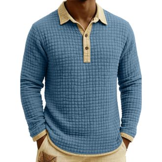 Generic Long Sleeve Polo Shirts Mens Plus Size Mens Waffle Knit Polo Shirt Breathable Design with 3-Button Collar Blue XL
