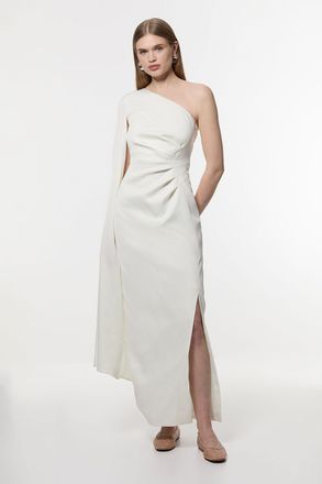 Karen Millen Womens Satin Drape One Shoulder Tailored Maxi Dress - White - Size 10 UK