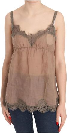Pink Memories Bruine Kant Diepe Top Blouse - Dames - Tops zonder mouwen - Bruin - M - Linnen - Tops