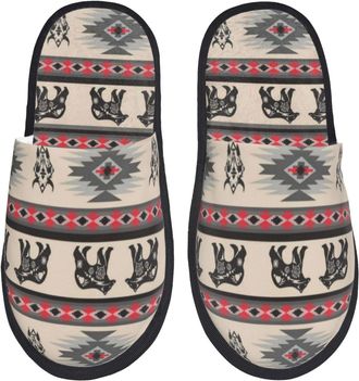 Generic Slipper American Native Bear Buffalo Stripe Furry Slippers Soft Cotton Slipper For Indoor Travel Ladies L