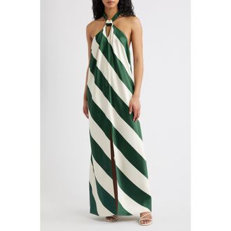 Ronny Kobo Vega Stripe Satin Halter Dress in Jungle /Ivory at Nordstrom, Size X-Small