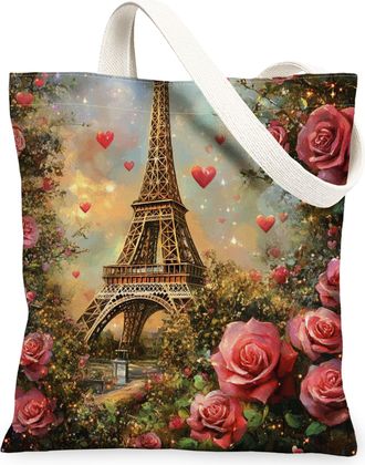 Generic Floral Canvas Tote Bags, Paris Tower Design Reusable Grocery Bags, Vintage Lightweight Washable Shoulder Strap for Travel Beach Picnic 13x15 Inch