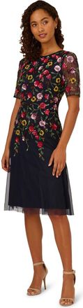 Adrianna Papell Womens Bead Mesh Midi Dress - Blue - Size 6 UK