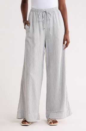 Max Studio Stripe Wide Leg Pull-On Pants in Navy/Cream Static Stripe at Nordstrom Rack, Size X-Large