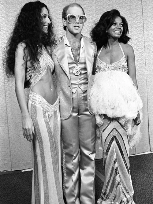 Foto aus dem Jahr 1975 von Cher, Elton John und Diana Ross in Santa Monica.