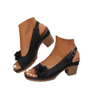 Generic Wedge Sandals for Women Summer Open Toe Low Chunky Heeled Ankle Strap Flower Shoes with Arch Support Dressy Breathable Wide Fit Low Heeled Sandal Fash