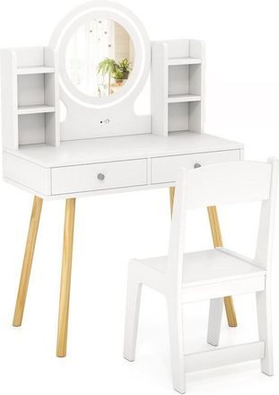 Costway Kids Vanity Set Princess Vanity Desk Set w/ LED Lighted Mirror-White