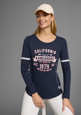 Kangaroos Langarmshirt KANGAROOS, Damen, Gr. 40/42, blau (marine), Rippware, Obermaterial: 100% Baumwolle, bedruckt, sehr figurbetont h&uuml;ftbedeckend, Rundhals, S