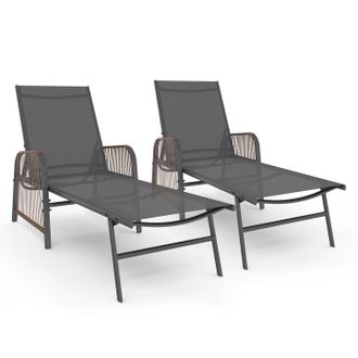 IDMarket Set Di 2 Lettini Da Giardino Reclinabili Rio In Acciaio Grigio Antracite, Corda In Rattan Con Braccioli E Tela Grigia