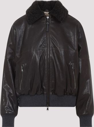 Brunello Cucinelli Shearling Collar Leather Jacket