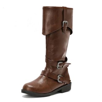 Generic Womens Round Toe Mid-Calf Boots PU Leather Long Boots with Side Zipper Flat Heel Knight Boot with Buckle,Brown2,9.5 UK