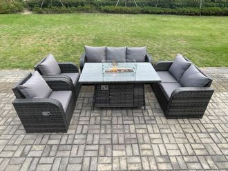 Fimous Garden Patio Furniture Wicker Rattan Gas Fire Pit Table & Sofa Chair set Dark Grey Mixed