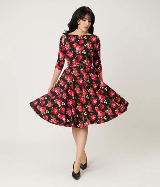Unique Vintage Three Quarter Sleeve Belted Devon Swing Dress in Black & Red Roses at Nordstrom, Size X-Small
