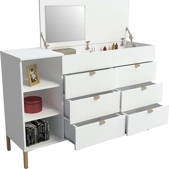 Vente-Unique C&oacute;moda de 6 cajones, 3 estantes y 1 cofre - Con espejo - Blanco y dorado - ONISHA