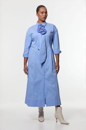 Karen Millen Womens Plus Size Stripe Cotton Rosette Woven Shirt Maxi Dress - Blue - Size 18 UK