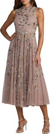 Mac Duggal Embellished High Neck Sleeveless Midi Dress in Taupe at Nordstrom, Size 16