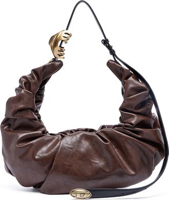 Diesel Grab-D L-Large scrunched hobo bag in shiny PU - Shoulder Bags - Woman - Brown
