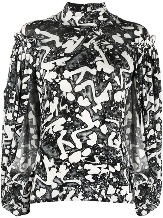 Stella McCartney S by S Swan-print slit-sleeve blouse - women - Viscose/Spandex/Elastane - 38 - Black