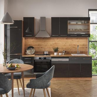 Vicco Mueble De Cocina Fame-line, Antracita Brillo Intenso/roble Dorado El&eacute;ctrico, 300 Cm Sin Encimera