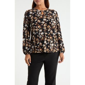 Anne Klein Floral Print Keyhole Top in Anne Black Multi at Nordstrom, Size 3X