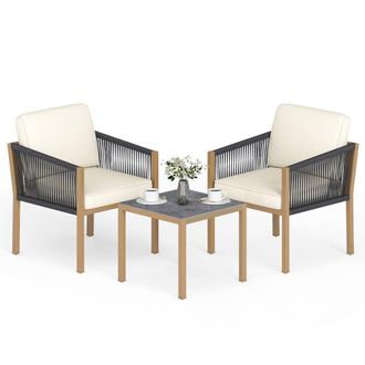 Costway Costway 3PCS Patio Bistro Set Woven Rope Outdoor Conversation Set w/Cushions in Beige
