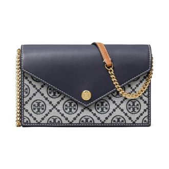 Tory Burch Tassen, Dames, Blauw, ONE Size, Leer, Monogram Portemonnee met Ketting