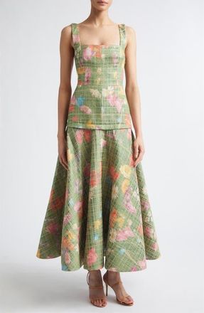 Lela Rose Floral Raffia Square Neck Midi Dress in Cactus at Nordstrom, Size 10