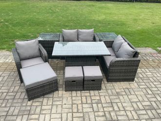 Fimous 8 Seater Rattan Furniture Garden Dining Set Outdoor Height Adjustable Rising lifting Table Love Sofa Chair With Side Table in Dark Grey