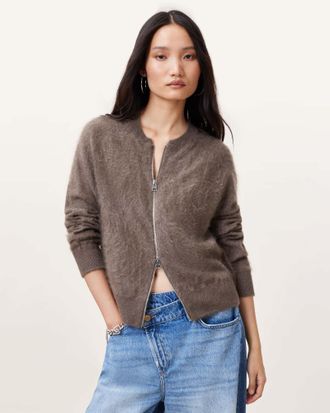 AllSaints Womens Cashmere Rebel Zip Up Cashmere Cardigan, Size: S
