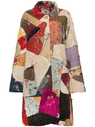 By Walid floral-embroidered patchwork coat - Brown