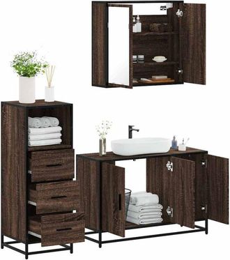 vidaXL Vidaxl - Set De Muebles Ba&ntilde;o 3 Pzas Madera Contrachapada Roble Marr&oacute;n