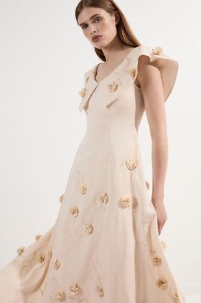 Karen Millen Womens Petite Cotton Applique Bardot Woven Maxi Dress - Taupe - Size 12 UK