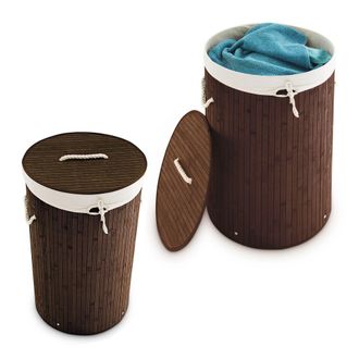 Relaxdays 2 Cestos Ropa Sucia Con Tapa, Redondo, Cubo Colada, Canasta Plegable, Bamb&uacute;, 70 L, &Oslash; 41 Cm, Marr&oacute;n