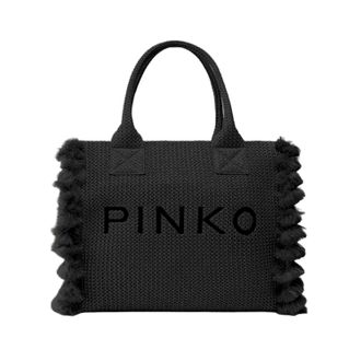 Pinko Raffia Shopping Bag with Contrast Logo and Decorative Details